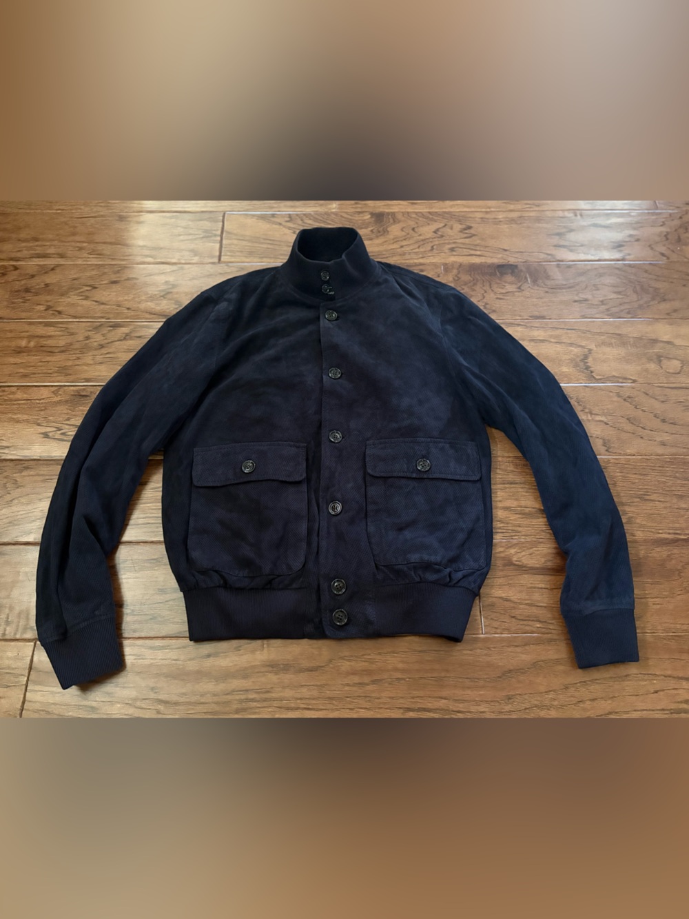 Hackett London Goat Suede Bomber Jacket Navy Size Small EUC